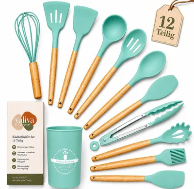 Produktbild von Küchenhelfer Set 12 Stück Küchenutensilien Kochbesteck Hitzebeständig Türkis 12 Teilig Küchenzubehör Spachtel Schneebesen Pinsel YaLiva_Decor®