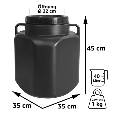 Produktbild von plasteo Fass, Schwarz, 40 Liter, 45x35x35 cm (HxBxt), 22 cm Öffnungsdurchmesser, mit Deckel & Griffen, lebensmittelecht, BPA-frei, eckig, Weithalsfass ohne Dichtung, HDPE (High-Density Polyethylen), 1 kg, Universalfass