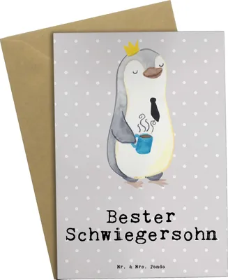 Produktbild von Mr. & Mrs. Panda jubiläumskarte Pinguin Bester Schwiegersohn - Grau Pastell - Geschenk, einladungskarten, Grußkarten, weihnachtskarten, Geschenkidee, hochzeitskarten