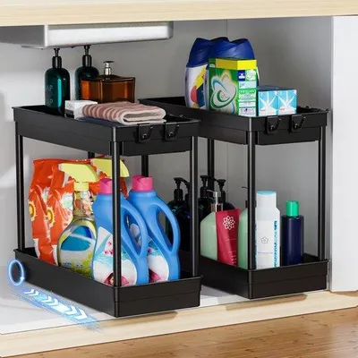 Produktbild von Unyqoos® praktische Aufbewahrungslösung unter dem Waschbecken mit stabiler Edelstahlstruktur