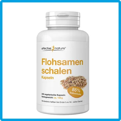 Produktbild von effective nature Flohsamenschalen Kapseln – 100 Prozent Flohsamenschalen gemahlen in 240 vegetarischen Kapseln | natürliche Ballaststoffe