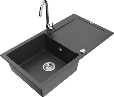 Produktbild von Mexen Leo 1 Becken-Granitspüle mit Abtropffläche und Mischbatterie Telma, Schwarz gesprenkelt - 6501-76-670200-00