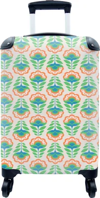 Produktbild von MuchoWow® MuchoWow® Koffer Handgepäck Trolley Rollkoffer Kleine Reisekoffer mit 4 Rollen - Retro - Blumen - Design - Grün - Orange - Cabin Size < 55x40x23 cm & 55x40x20 cm - Fotokoffer - Kabinenkoffer