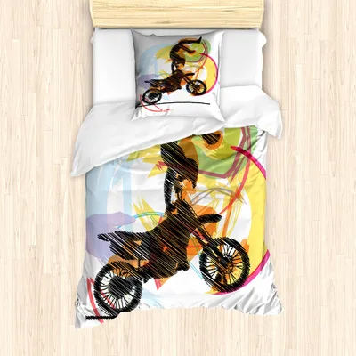 Produktbild von ABAKUHAUS Motorrad Mantele, Darstellende Biker, Milbensicher Allergiker geeignet mit Kissenbezügen, 135 cm x 200 cm - 80 x 80 cm, Schwarz Gelb