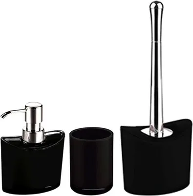 Produktbild von MSV Badezimmer Set Manihi, 3-teiliges Badzubehör aus Acryl, Seifenspender, WC Bürste, und Zahnputzbecher Schwarz