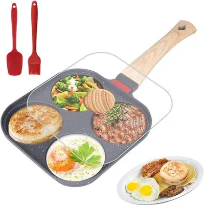 Immagine prodotto di Padella per uova in alluminio per cucina da esterno, compatibile con piani a induzione e a gas, 4 fuochi, con coperchio, rivestimento antiaderente