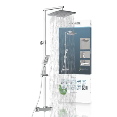 A shower set with a rain shower head and a handheld shower head, with water flowing from the rain shower head. A product box is placed next to the shower set.