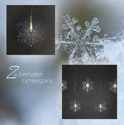 A collage of snowflake-themed LED lights, including a close-up of a real snowflake and decorative snowflake lights.