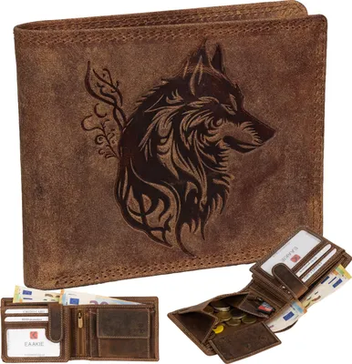 Produktbild von RFID Büffel Echt Leder Geldbörse Portemonnaie Herren mit geprägtem Motiv  Tan Querformat Wolf