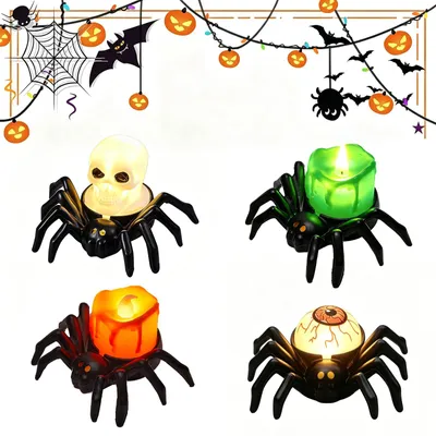 4er-Set Halloween LED-Kerzen mit Spinnenmotiv, flammenlos
