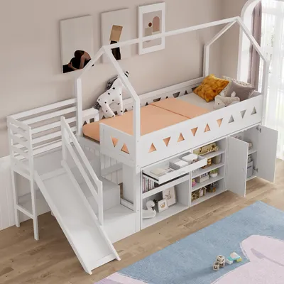 Image de MODFU Lit Mezzanine 90x200 cm - Lit Avec Toboggan, Escalier Rangement et Compartiments Lit En Bois Massif - Sans Matelas - Blanc