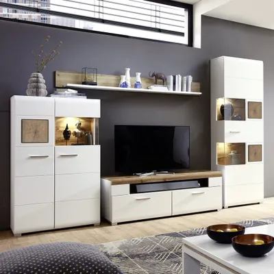 Produktbild von Wohnwand weiß Eiche Absetzungen FARO-36 modern mit Glasdetails und LED Beleuchtung, B/H/T: ca. 315/205/47 cm