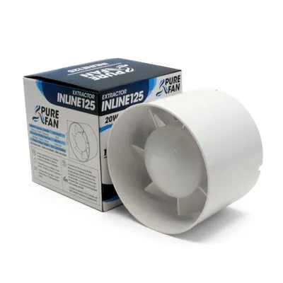 A white inline extractor fan and its packaging box.