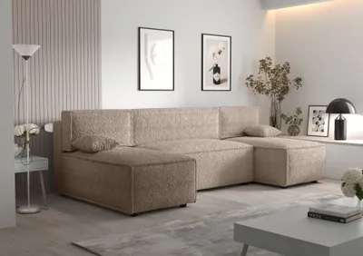 Produktbild von Ecksofa Alvito U, Farbe: Hellbraun. Material: Bouclé. A: B: 290 cm,H: 85 cm,Tiefe: 105 cm, Eckcouch, Schlafcouch, Sofa bed, Schlafsofa