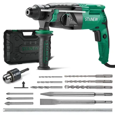 Produktbild von STANEW Bohrhammer 950 W kabelgebundener SDS-Plus mit 16 Zubehörteilen, 0–1150 U/min/5100 BPM Schlagbohrmaschine mit 4 Funktionen und Sicherheitskupplu