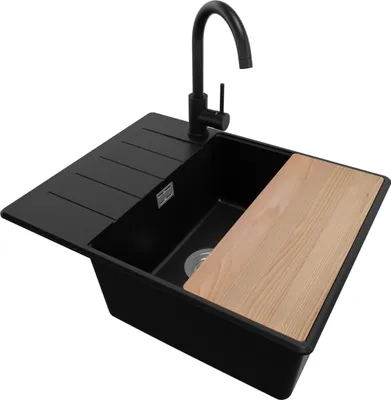 Produktbild von PRIMAGRAN Granitspüle Schwarz 62x50cm, Spülbecken 1 Becken + Küchenarmatur 32x20cm + Ablauf-Set + Schneidebrett, Küchenspüle ab 50er Unterschrank - Kopenhagen