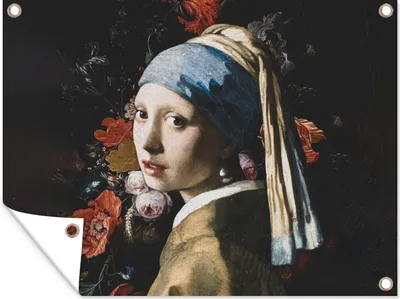 Produktbild von MuchoWow® 120x90 cm Outdoor-Poster Gartendeko Sichtschutz Garten Poster für den Garten  Das Mädchen mit dem Perlenohrring - Vermeer - Blumen