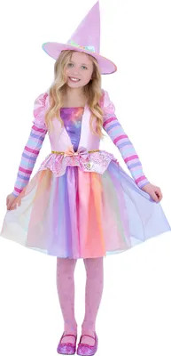 Produktbild von Regenbogen Hexenkostüm in Pastellfarben für Mädchen - 134/140 (7-9 Jahre)