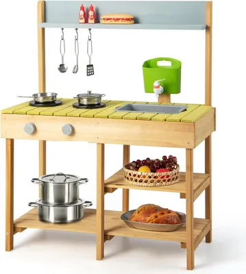 Immagine prodotto di Cucina da esterno per bambini - Cucina giocattolo in legno - Funzione acqua - Ganci - Ripiano rimovibile - Età 3–6 anni - Senza batterie