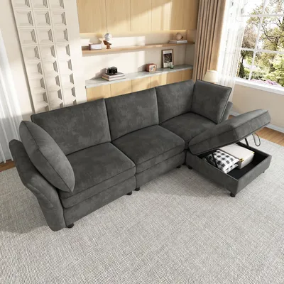 Produktbild von STILVORA Modulsofa frei kombinierbar als L-Ecksofa, Cloud-Sofa weich gepolstert, 4-Sitzer Sofa mit Stauraum-Hocker und 2 Armlehnenkissen,Chenille,Grau