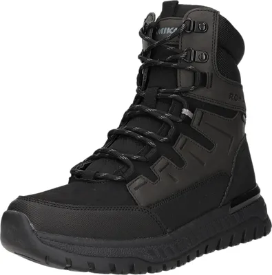 A black winter boot with gray accents is shown against a white background.