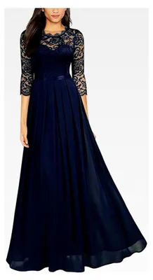 Produktbild von Abendkleid für Damen aus Chiffon mit Spitzen, elegant, 3/4 Ärmel, langes Plissee Maxikleid für Cocktailpartys, Bälle und als Brautmutterkleid