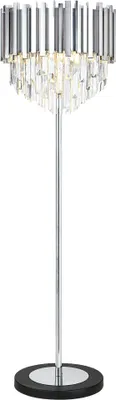 A floor lamp with a chrome stand and a crystal-like shade.