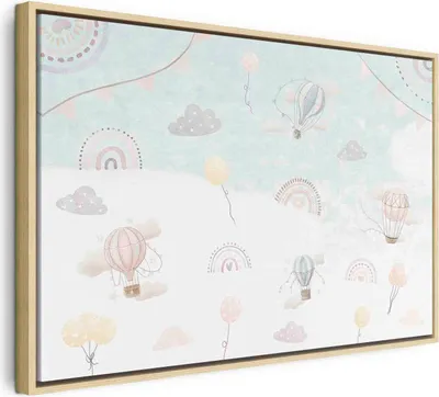 Produktbild von Italienischer Leinwand Leinwandbild - Sky with Balloons - Balloons in Subdued Colors Flying in the Sky Among Clouds Rainbows and Stars 90x60 cm Für Kinder e-C-10070-b-a