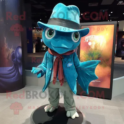 Produktbild von Blaugrüner REDBROKOLY Betta-Fisch Maskottchen Kostüm charakter bekleidet mit einer Jacke und Hutnadeln