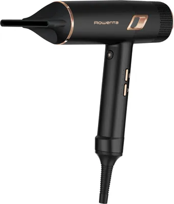 A black Rowenta hair dryer with gold accents is shown against a white background.