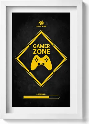Produktbild von Beschriftung für das Zimmer des Spielers „Gamer zone“.– Wandbild mit Rahmen – Gerahmtes Bild  – Wanddekoration – 20x30 cm – Weiß