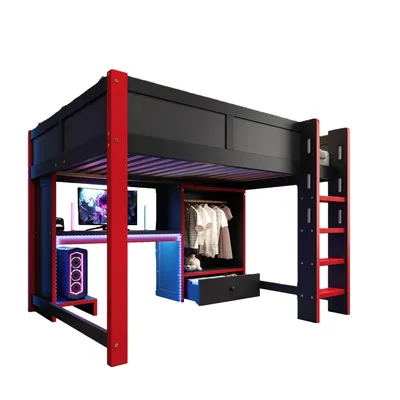 Produktbild von Hochbett mit Schreibtisch, LED-Streifen, Kleiderschrank, PC-Ständer, Leiter, Schubladen, Rausfallschutz, 140x200cm, Kinderbett