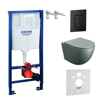 Produktbild von GROHE Vorwandelement Solido + Wand Hänge WC Sinto Grau Spülrandlos + WC-Sitz SoftClose | Schwarzer Knopf | Komplettset | Unterputz Spülkasten |  Toilette Komplett Sett