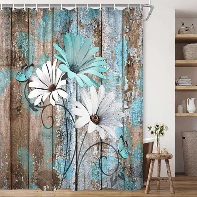 Produktbild von Landliches Duschvorhang 180x180cm - Ländliche Blumen & Madeliefchen - Mit Haken