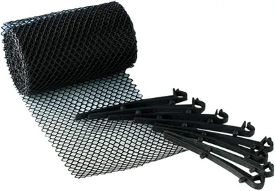 Obrázek produktu pro Chránič listí na okapy, 6 m x 16 cm, vyrobený z černého PP plastu, ochrana listí na okapy s 10 upevňovacími háky, řezatelný, kyselinovzdorný, pro zahradní domky, garáže a domy