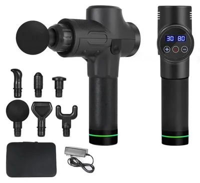 Immagine prodotto di Pistola massaggiante per tessuti profondi - Pistola elettrica per il rilassamento muscolare 7017 - 30 livelli di intensità - Display touchscreen - Alimentazione a batteria - Spina di tipo europeo - Set nero