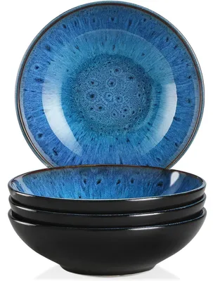 Image de Ensemble de bols à soupe, 4 pièces, en grès, couleur bleue, capacité de 950 ml, diamètre de 21 cm