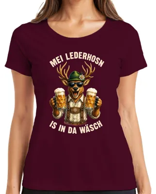 Produktbild von Mei Lederhosn is in da Wäsch Hirsch Bier Trachtenshirt Lederhose Damen T-Shirt, Burgundy, L