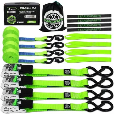 Immagine prodotto di Corde per cinghie fuoristrada, confezione da 4, carico di rottura 900 kg - 25 mm x 4 m Corde per cinghie fuoristrada, corde con ganci per moto, mezzi di trasporto e camion, verde