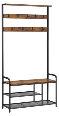 Produktbild von Garderobenständer mit Schuhablage und Haken, Vintage Braun-Schwarz, 85 x 30 x 180,5 cm