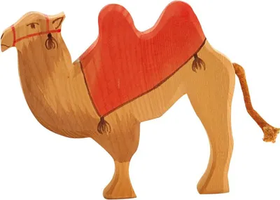 A wooden toy camel with a red saddle, shown against a white background.