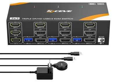 Zdjęcie produktu dla Przełącznik KVM obsługujący 3 komputery, 3 monitory, rozdzielczość 8K@60Hz / 4K@144Hz, z interfejsami HDMI oraz 2 DisplayPort