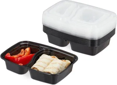 Image de Récipients en plastique adaptés au micro-ondes, 800 ml, noirs, à deux compartiments