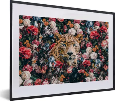 Produktbild von MuchoWow® Gerahmtes Poster Leopard - Blumen - Tiere 40x30 cm - Poster mit Schwarzem Bilderrahmen Wandposter Rahmen Foto Bilder - Bilderrahmen - Poster im Rahmen