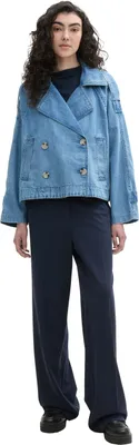Produktbild von Damen kurze blaue Loose Fit Jeansjacke mit doppelreihigem Knopfverschluss