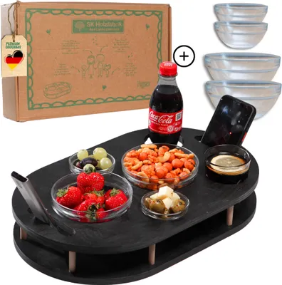 Produktbild von Couchbar Snackbox in schwarz mit 4 Glasschalen - Sofabar für Snacks und Getränke - Couchtabletts mit Getränkehalter - Sofa Butler - Couch Bar Snackbar