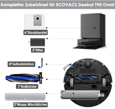 Productafbeelding van PromoHome® Accessoire set voor Ecovacs Deebot T90 Pro Omni / T90 Omni / X12 Pro Omni – 1 hoofdborstel, 4 zijborstels, 6 stofzuigzakken, 2 filters, 2