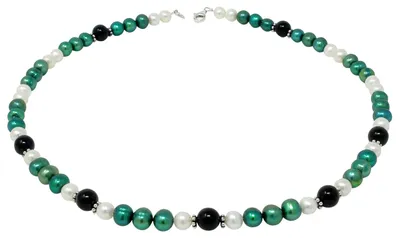 Produktbild von Kette Collier Halskette aus Perlen Süßwasser-Zuchtperlen & Onyx grün-schwarz-weiß 50cm