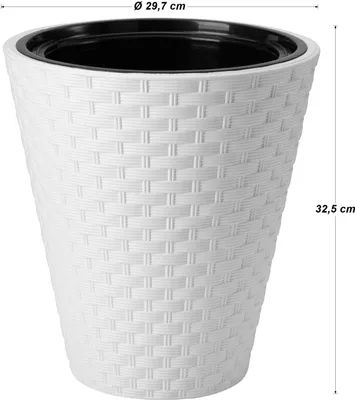 Produktbild von Blumenübertopf mit herausnehmbarem Einsatz im stillvollen Rattanmuster, für draußen und innen, frostbeständig, Ø: 29,7 cm | Höhe: 32,7 cm, weiß