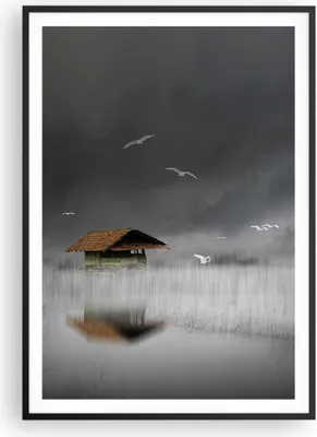 Produktbild von Gerahmtes Poster - Schwarzer Rahmen - Hütte Nebel Sumpf - 70x100 cm - Wand Bild - Wanddeko - Wandbilder - Kunstposter - Wandposter - Bilderrahmen - Bilder - Kunstdruck - P2BPA70x100-4896